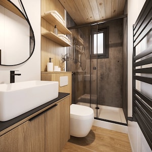 Modern bathroom design for tiny home plans or small cabin layouts, featuring a glass-enclosed shower, wooden accents, and compact storage solutions. Perfect for optimizing space in contemporary house plans or cottage designs.