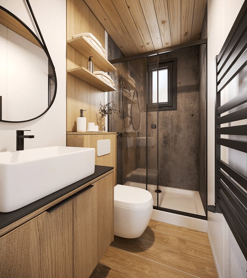 Modern bathroom design for tiny home plans or small cabin layouts, featuring a glass-enclosed shower, wooden accents, and compact storage solutions. Perfect for optimizing space in contemporary house plans or cottage designs.