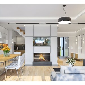 Minimalist living room with a fireplace and dining area, perfect for cottage house plans or tiny home plans with Scandinavian influences.