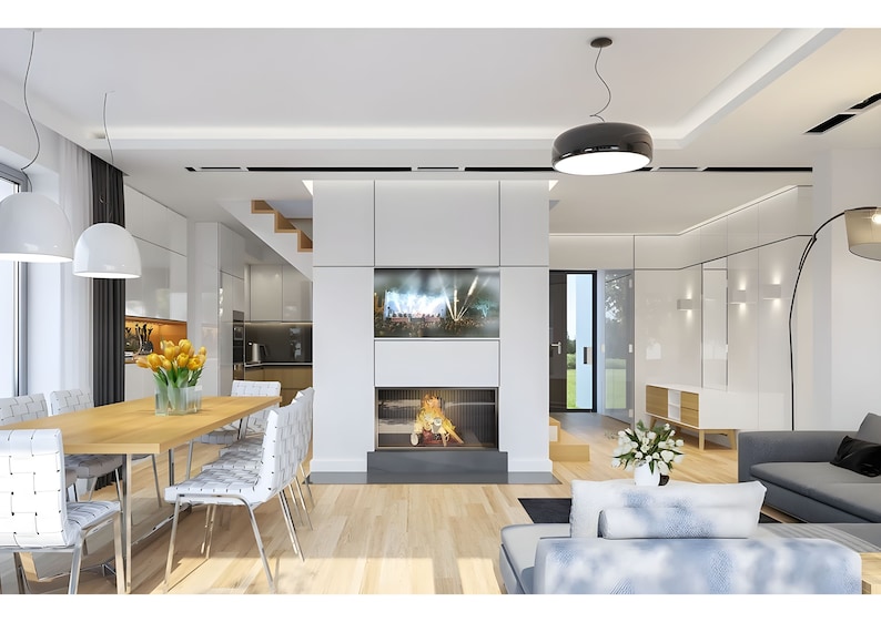 Minimalist living room with a fireplace and dining area, perfect for cottage house plans or tiny home plans with Scandinavian influences.