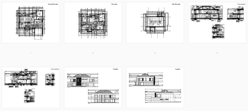 Comprehensive architectural plans including ground floor, attic, and cross-sections. Perfect for house blueprint and detailed floor plans enthusiasts.
