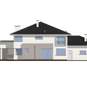 May include: A two-story house with white exterior walls, a dark gray tiled roof, and two chimneys. The facade features light gray horizontal siding, multiple rectangular windows with blue glass, a balcony with a metal railing, and a white door.