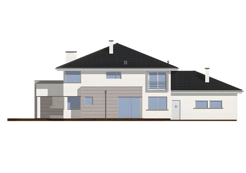 May include: A two-story house with white exterior walls, a dark gray tiled roof, and two chimneys. The facade features light gray horizontal siding, multiple rectangular windows with blue glass, a balcony with a metal railing, and a white door.