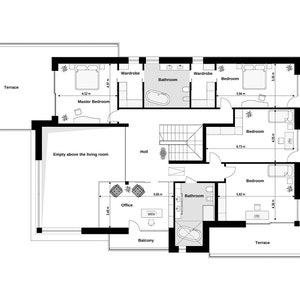 Second floor plan featuring a master bedroom, multiple bedrooms, bathrooms, an office, and spacious terraces. Ideal for detailed house plans and modern home layouts with a functional design.