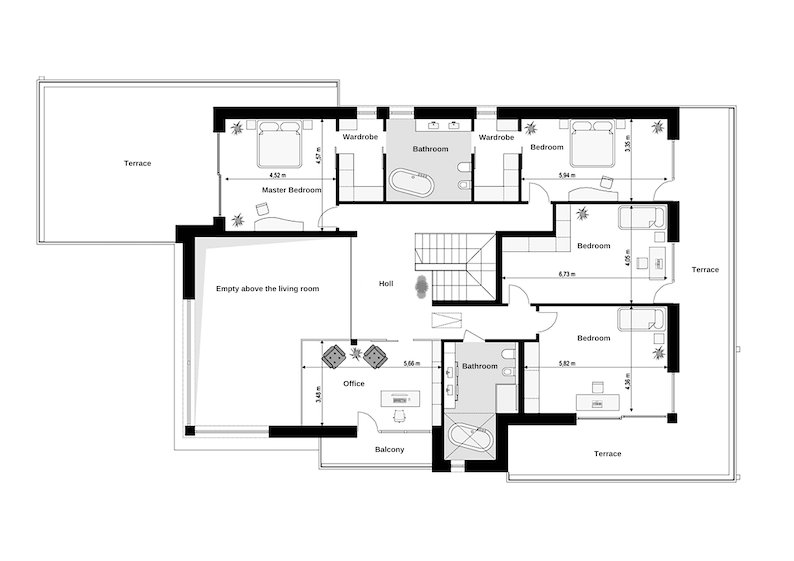 Second floor plan featuring a master bedroom, multiple bedrooms, bathrooms, an office, and spacious terraces. Ideal for detailed house plans and modern home layouts with a functional design.