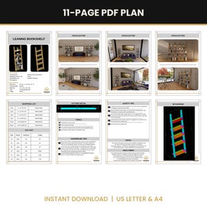 K&ouml;nnte beinhalten: Ein 11-seitiger PDF-Plan f&uuml;r ein Anlehnregal, der Visualisierungen, eine Einkaufsliste, eine Zuschnittliste, Schnittdetails, Werkzeuge, Montagehinweise, Sicherheitstipps, rechtliche Informationen, einen Haftungsausschluss und ein 3D-Diagramm enth&auml;lt.