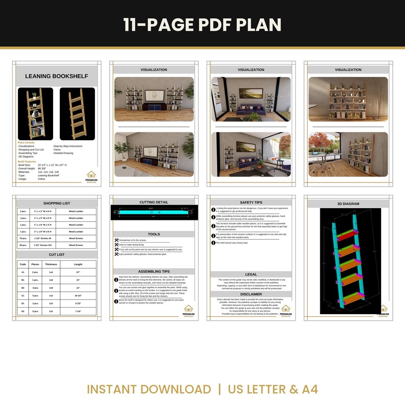 K&ouml;nnte beinhalten: Ein 11-seitiger PDF-Plan f&uuml;r ein Anlehnregal, der Visualisierungen, eine Einkaufsliste, eine Zuschnittliste, Schnittdetails, Werkzeuge, Montagehinweise, Sicherheitstipps, rechtliche Informationen, einen Haftungsausschluss und ein 3D-Diagramm enth&auml;lt.
