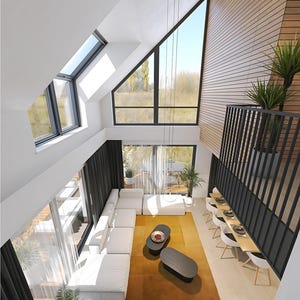 Spacious living room with double-height ceilings, large windows, and modern furniture. Perfect for scandinavian house plans and cozy home designs.