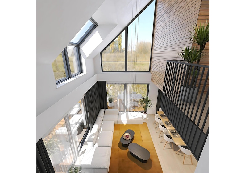 Spacious living room with double-height ceilings, large windows, and modern furniture. Perfect for scandinavian house plans and cozy home designs.