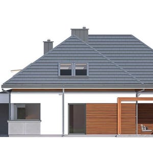 May include: A residential house design featuring a white exterior with horizontal wood paneling accents, a gray tiled roof with a dormer window, and a flat-roofed section on the left. The structure includes large glass windows and a covered patio area.