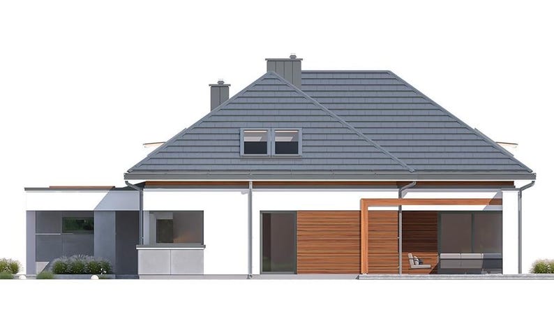May include: A residential house design featuring a white exterior with horizontal wood paneling accents, a gray tiled roof with a dormer window, and a flat-roofed section on the left. The structure includes large glass windows and a covered patio area.
