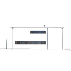May include: Architectural rendering of a modern, minimalist two-story building with a flat roof. The design features large windows, horizontal lines, and a simple, clean aesthetic. The structure is primarily white with dark window frames.