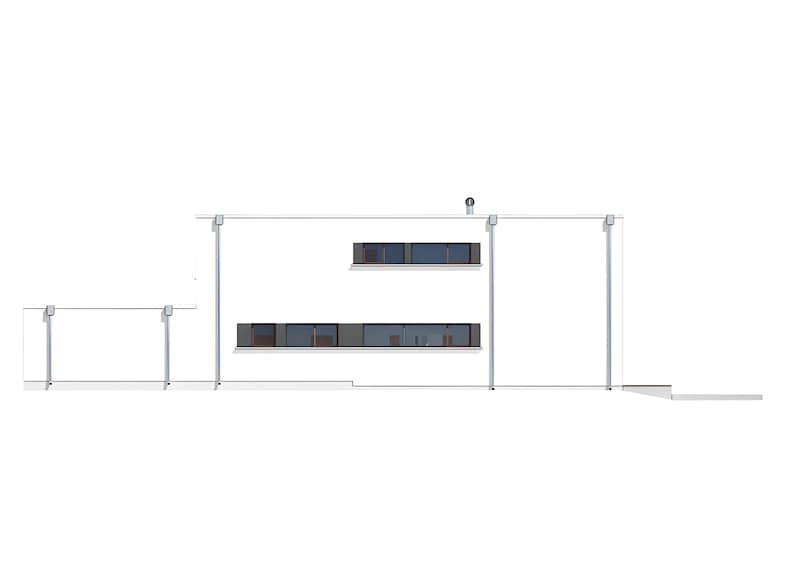 May include: Architectural rendering of a modern, minimalist two-story building with a flat roof. The design features large windows, horizontal lines, and a simple, clean aesthetic. The structure is primarily white with dark window frames.