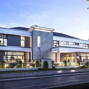 Front view of a sophisticated modern house featuring a contemporary design, large windows, and lush landscaping. A perfect example of modern house plans.