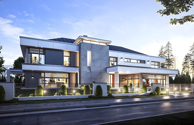 Front view of a sophisticated modern house featuring a contemporary design, large windows, and lush landscaping. A perfect example of modern house plans.