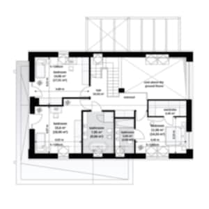 Upper floor plan showcasing multiple bedrooms, bathrooms, and a central hallway. Designed for modern family living and ideal for detailed house blueprints.