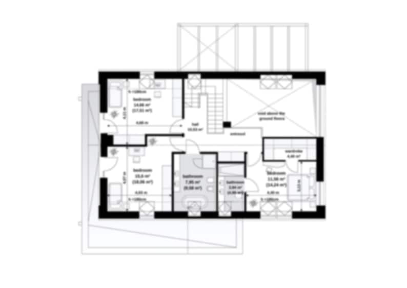 Upper floor plan showcasing multiple bedrooms, bathrooms, and a central hallway. Designed for modern family living and ideal for detailed house blueprints.