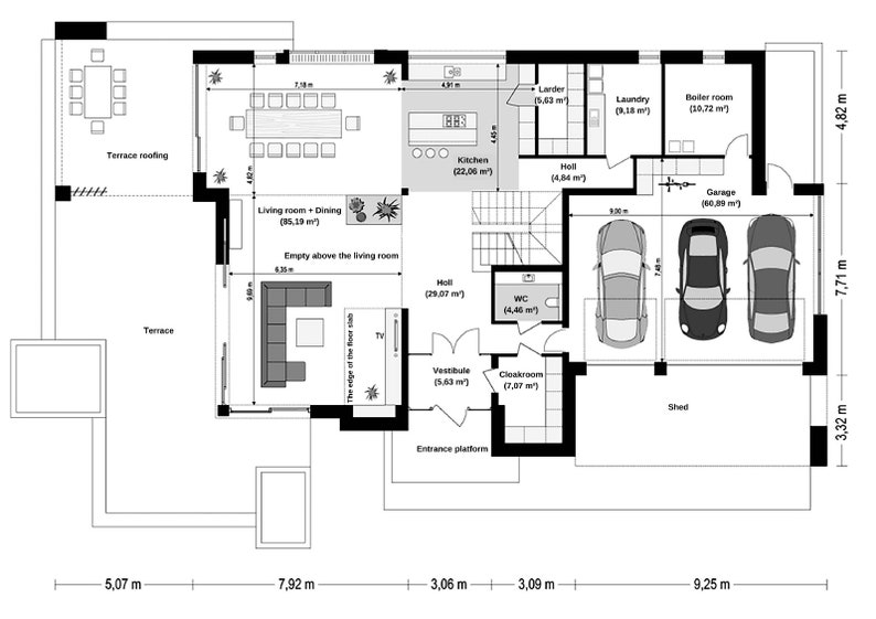 First-floor floor plan with clear room layouts, garage space, and terrace design, perfect for floor plans and tiny home plans.