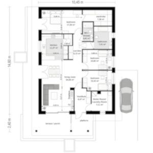 Minimalist interior design with a combined living and dining area, reflecting a sleek townhouse plan. The bright color palette creates an airy atmosphere.