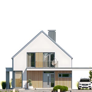 Rear Elevation of a Stylish Modern Home – A sleek, Scandinavian-inspired house exterior with a well-integrated carport and a warm wood-paneled design. Includes floor plans and DWG files. #barndominiumplans #houseplans #floorplans