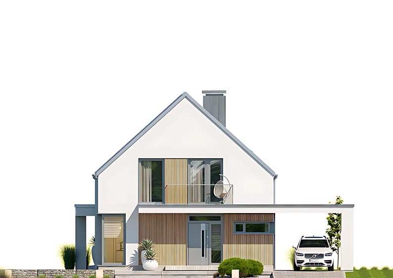Rear Elevation of a Stylish Modern Home – A sleek, Scandinavian-inspired house exterior with a well-integrated carport and a warm wood-paneled design. Includes floor plans and DWG files. #barndominiumplans #houseplans #floorplans