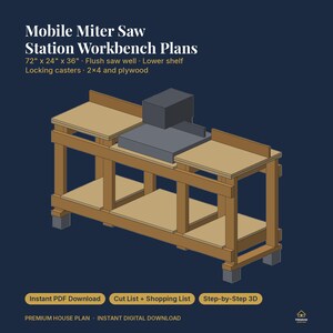 May include: Mobile Miter Saw Station Workbench Plans for a 72" x 24" x 36" unit. Features a flush saw well, lower shelf, and locking casters. Includes text for instant PDF download, cut list, shopping list, and step-by-step 3D guide.
