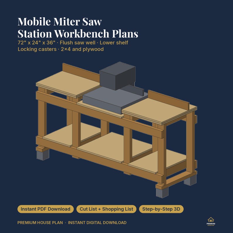 May include: Mobile Miter Saw Station Workbench Plans for a 72" x 24" x 36" unit. Features a flush saw well, lower shelf, and locking casters. Includes text for instant PDF download, cut list, shopping list, and step-by-step 3D guide.