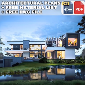 May include: A modern, two-story house with large windows and a flat roof. The house is surrounded by trees and a pond. The house is lit up at night, and the reflection of the lights can be seen in the pond. The text "ARCHITECTURAL PLANS + FREE MATERIAL LIST + FREE DWG FILE" is displayed at the top of the image.