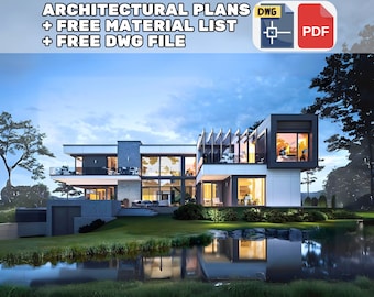 May include: A modern, two-storey house with large windows and a flat roof. The house is surrounded by trees and a pond. The house is lit up at night, and the reflection of the lights can be seen in the pond. The text "ARCHITECTURAL PLANS + FREE MATERIAL LIST + FREE DWG FILE" is displayed at the top of the image.