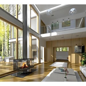 Bright open-plan kitchen and dining area with sleek cabinets island seating and a view of the pool a perfect inspiration for modern house plans and villa floor plans
