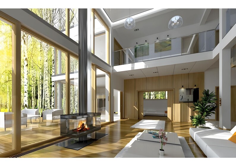 Bright open-plan kitchen and dining area with sleek cabinets island seating and a view of the pool a perfect inspiration for modern house plans and villa floor plans