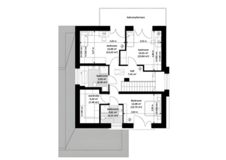 First floor layout with multiple bedrooms and functional spaces, a great addition to floor plans for family homes or townhouse plans.