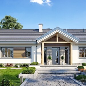 Front Elevation:
Scandinavian-inspired house design showcasing a gable roof, clean lines, and minimalist landscaping. A perfect choice for modern single-story living.