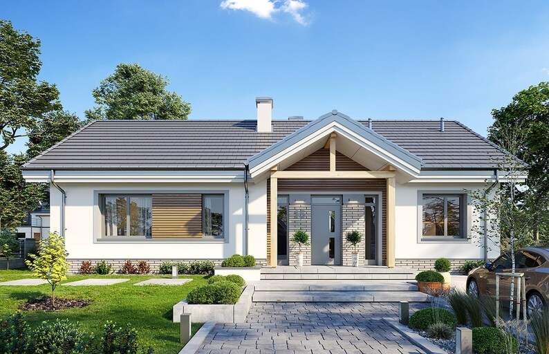 Front Elevation:
Scandinavian-inspired house design showcasing a gable roof, clean lines, and minimalist landscaping. A perfect choice for modern single-story living.