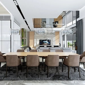 Sophisticated dining area with minimalist decor, glass chandeliers, and an open living room view. A beautiful element in modern house blueprints.
