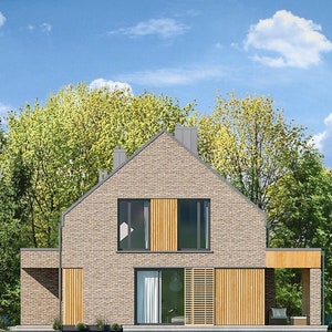 Back view of a stylish modern house surrounded by lush greenery. Ideal for those seeking Scandinavian house plans or compact cottage blueprints.