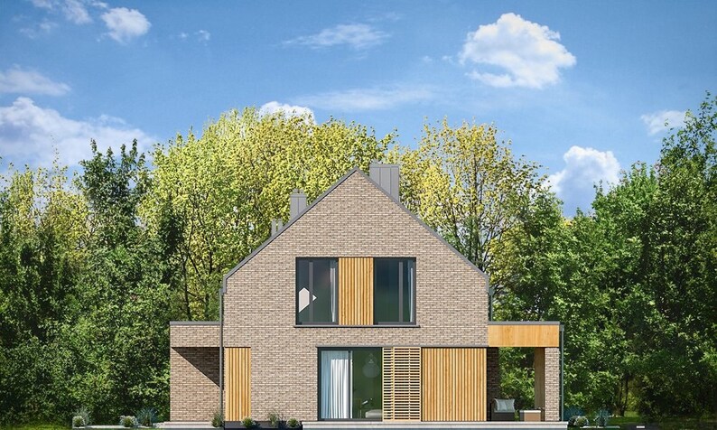 Back view of a stylish modern house surrounded by lush greenery. Ideal for those seeking Scandinavian house plans or compact cottage blueprints.