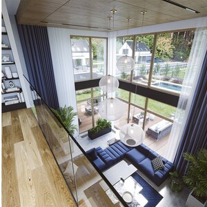 Overhead view of a modern living room with high ceilings, large glass windows, and elegant lighting. Ideal for villa-style or scandinavian house plans with open-concept interiors.