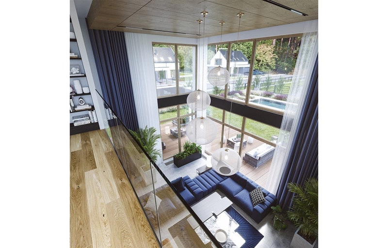 Overhead view of a modern living room with high ceilings, large glass windows, and elegant lighting. Ideal for villa-style or scandinavian house plans with open-concept interiors.