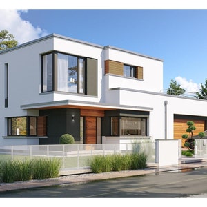 Another perspective of a modern villa with a white and black facade, wooden paneling, and a landscaped front yard, fitting for contemporary house plans and luxury villa designs
