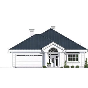 May include: A single-story house architectural rendering featuring a white exterior, a dark blue gabled roof, a white garage door on the left, a central arched entryway with a glass door, and a multi-pane window on the right side.