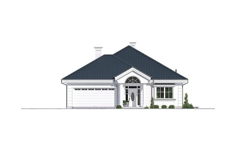May include: A single-story house architectural rendering featuring a white exterior, a dark blue gabled roof, a white garage door on the left, a central arched entryway with a glass door, and a multi-pane window on the right side.