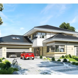 Modern two-story house design with a spacious garage, large windows, and a landscaped driveway. Ideal for luxury house plans or modern architectural projects. Perfect for families seeking contemporary and elegant living spaces.