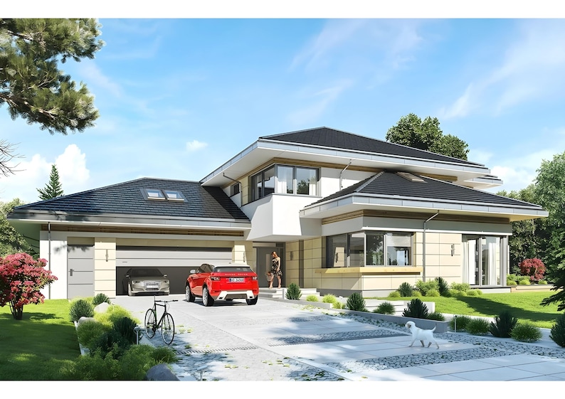 Modern two-story house design with a spacious garage, large windows, and a landscaped driveway. Ideal for luxury house plans or modern architectural projects. Perfect for families seeking contemporary and elegant living spaces.