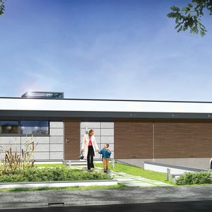 Elegant modern house featuring clean lines and a flat roof. Ideal for townhouse or barndominium plans with detailed blueprints included