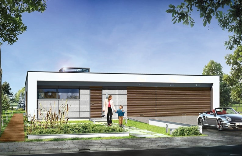 Elegant modern house featuring clean lines and a flat roof. Ideal for townhouse or barndominium plans with detailed blueprints included