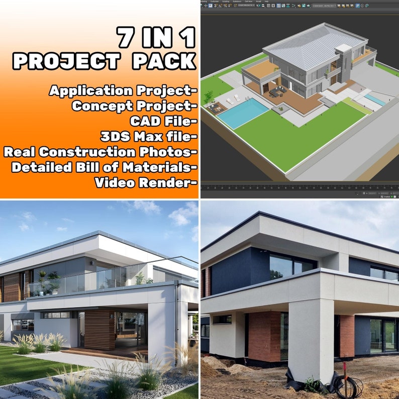Project Pack Overview
7-in-1 project pack including CAD files, 3DS Max files, real construction photos, detailed materials list, and video renders. Perfect for house plans and modern house plans.