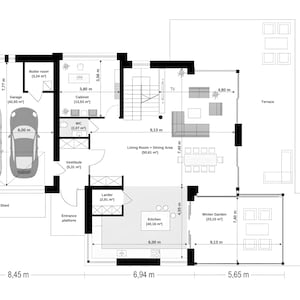 Detailed floor plan of a modern home, featuring a garage, living room, winter garden, and terrace. Ideal for house blueprint enthusiasts looking for functional layouts.
