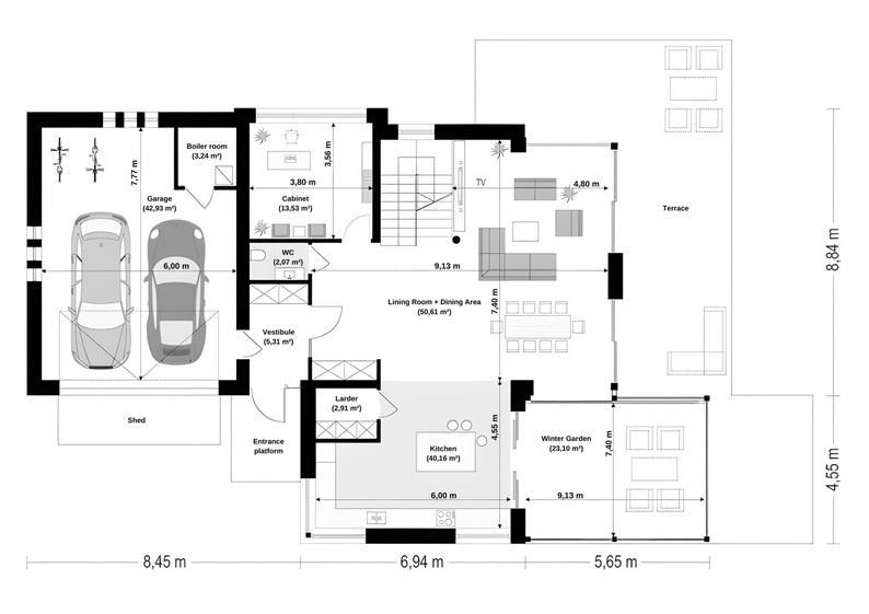 Detailed floor plan of a modern home, featuring a garage, living room, winter garden, and terrace. Ideal for house blueprint enthusiasts looking for functional layouts.