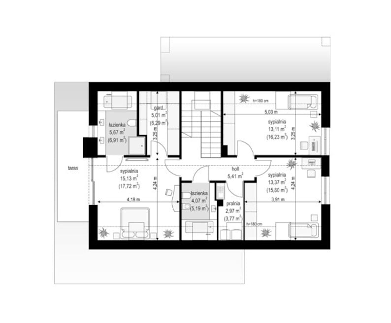Upper floor layout blueprint with multiple bedrooms and a terrace. Perfect for small cabin or townhouse house plans with compact functionality.